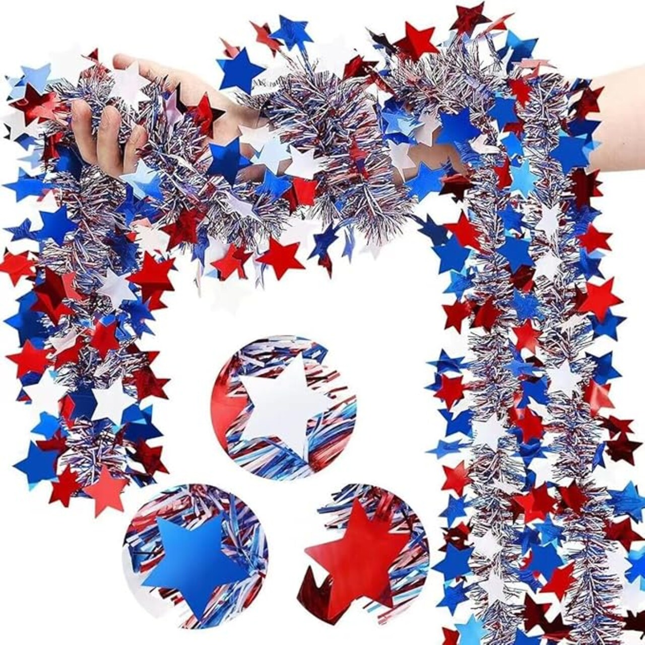 4th of July Tinsel Garland, Memorial Day Decoration, 33 Feet Patriotic Red White and Blue Sparkly Glitter Star Metallic Garlands Tree for Independence Day